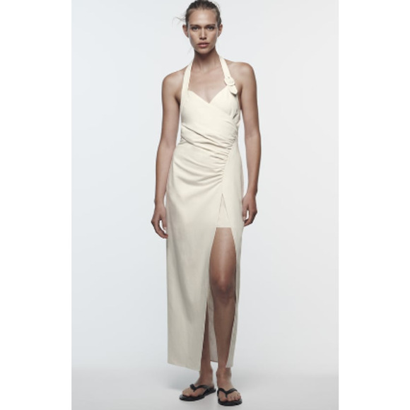 Zara Draped Halter Dress Linen Blend Midi Dress High Slit Ecru Cream Beige XS - Picture 1 of 11